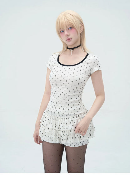 Pastel Gothic White Allover Cat Paw and Cross Print Tiered Ruffles Skort