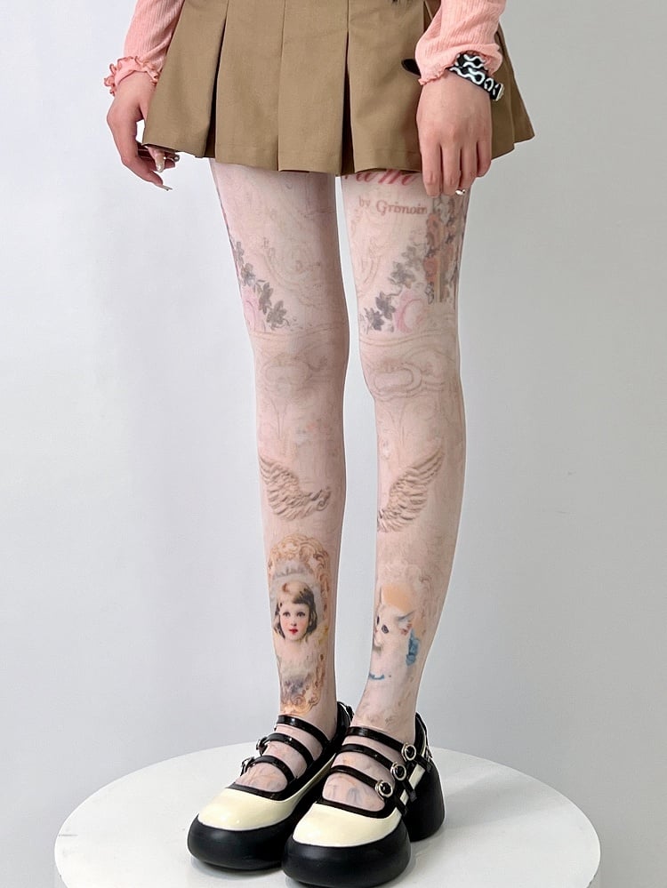 Nude Cartoon Girl And Cat Print Tights