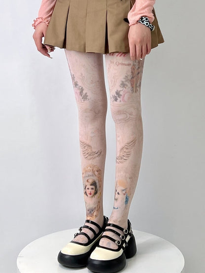 Nude Cartoon Girl And Cat Print Tights