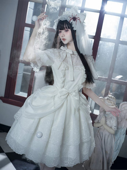 Clearance-Size M for Bust 90CM White Spider Web and Cross Embroidery Shiro Lolita Dress Embroidered Scalloped Edge Trim Skirt
