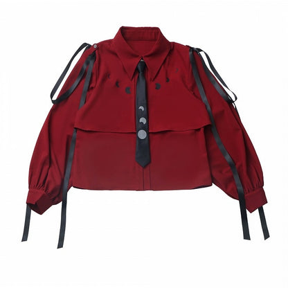 Wine Red/White Ribbon Moon Print Shirt With A Tie