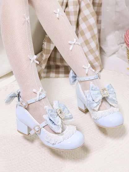 Polished Blue Detachable Rhinestone And Beaded Decorated Bowknot Lace Trim 4.5CM Block Heels Shoes