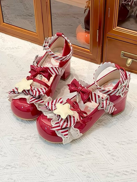 Red Striped Pattern Bowknot Details Star Buckle Straps Lolita Shoes
