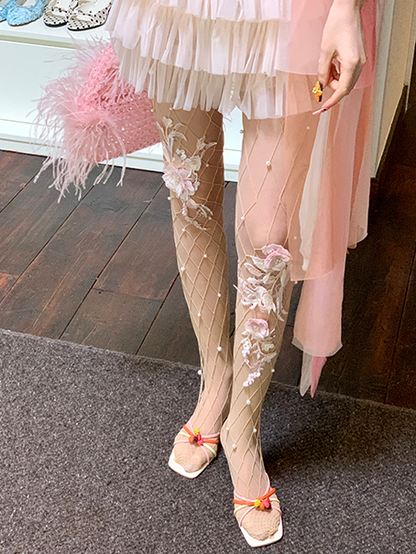 Floral Embroidery Fishnet Tights