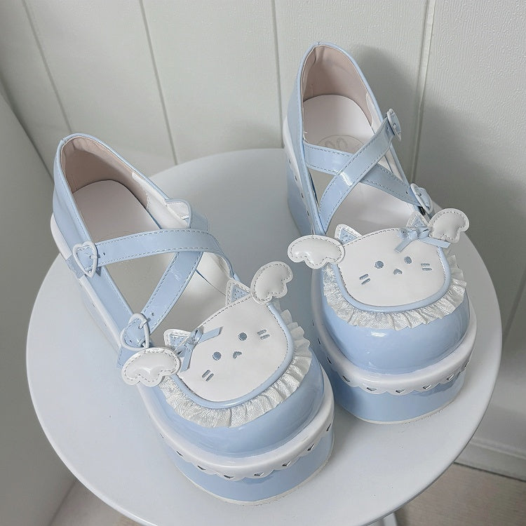 Tenshi Kaiwai Blue Round Toe Kitty Angel Heart Buckle Platform Lolita Shoes
