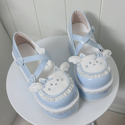 Tenshi Kaiwai Blue Round Toe Kitty Angel Heart Buckle Platform Lolita Shoes