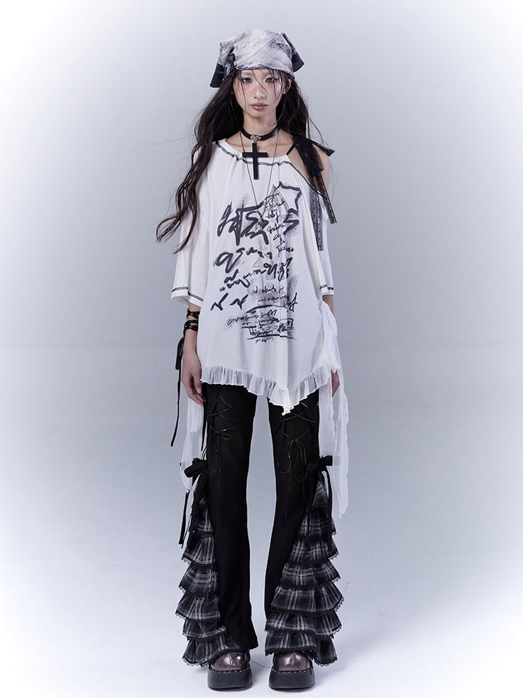 White Asymmetrical Neckline Ruffle Hem Graphic T-Shirt with Self-tie Strap Waist
