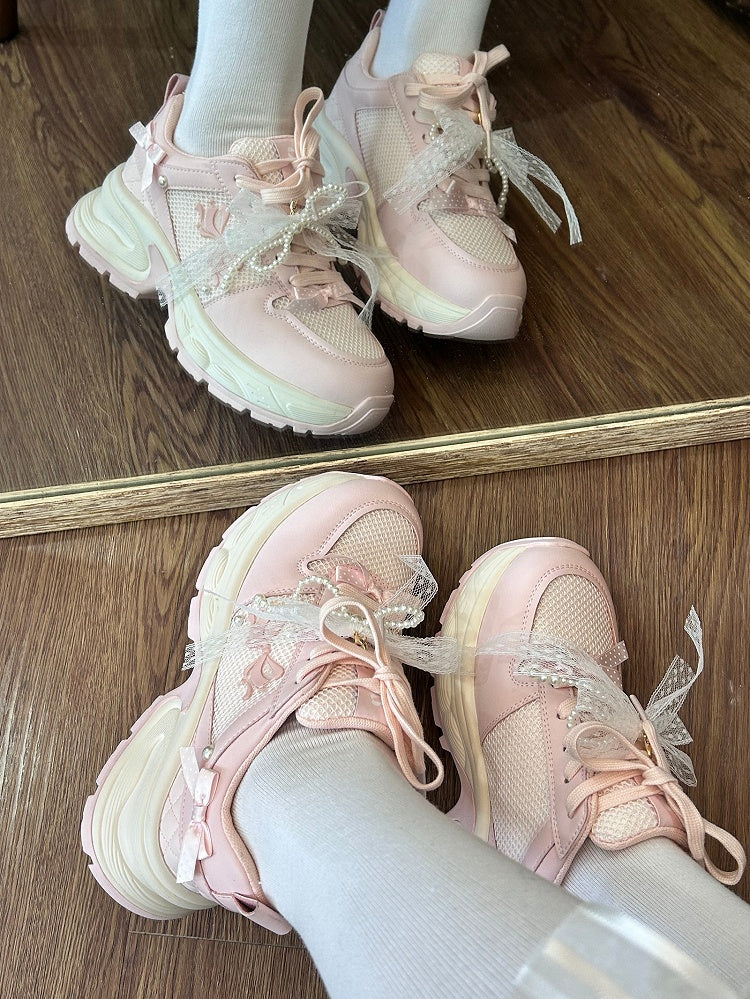 Pink Beaded Decorated Bowknot Details Front Lace-up Ties Sneakers