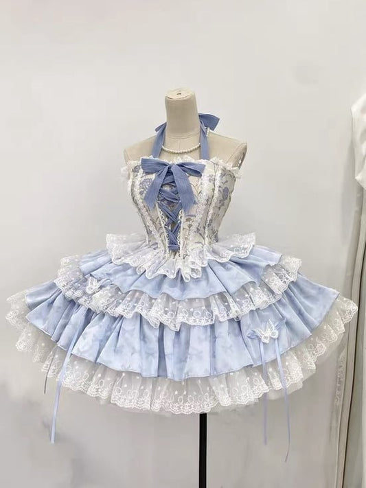 Blue Balletcore Halter Neck Boned Corset Top + Tiered Ruffle Skirt