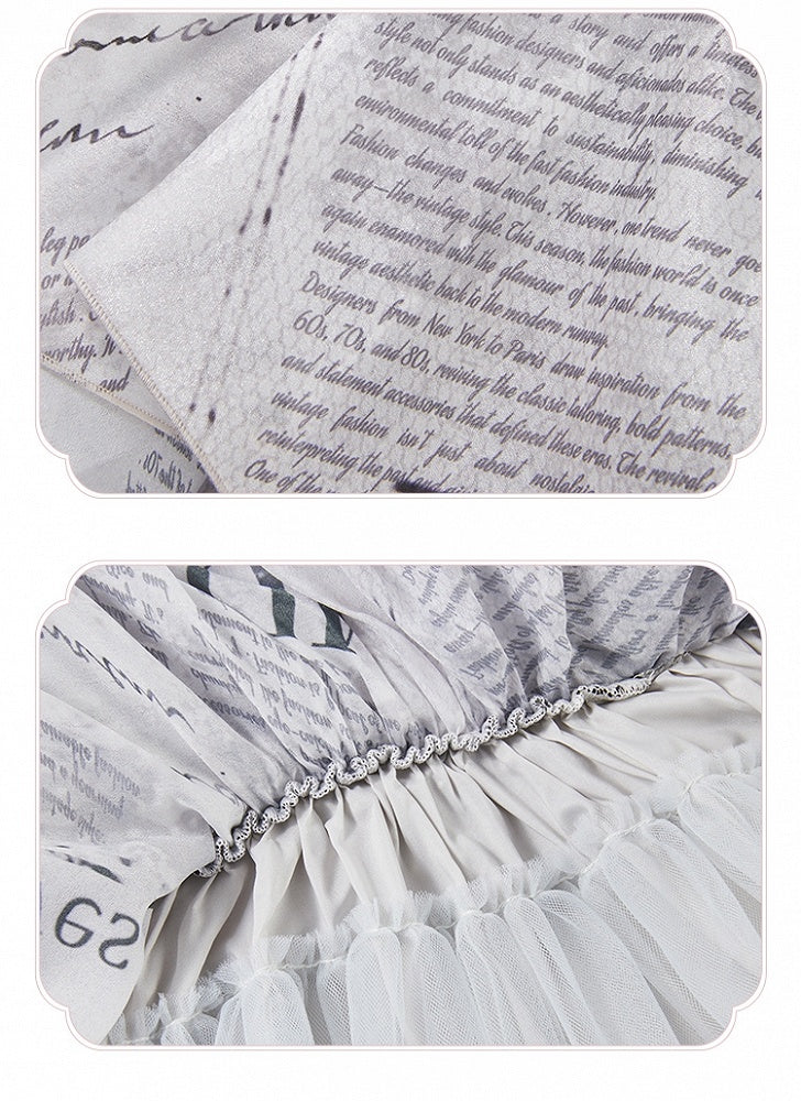 Newspaper Print Layered Handkerchief Skirt Elegant Dress Lolita Jumper Skirt