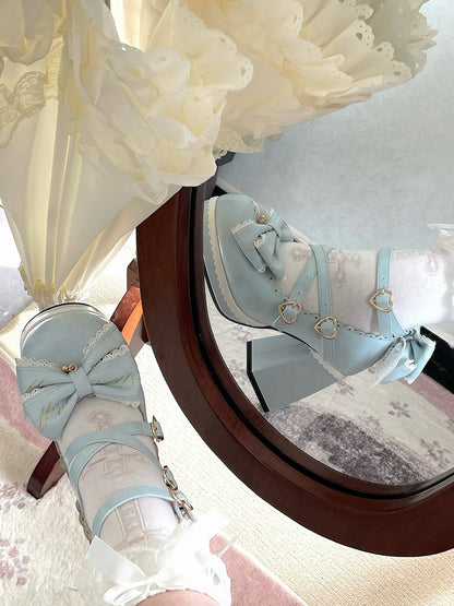 Blue Crisscross Design Heart Buckles Detachable Bow at Top High Block Heels