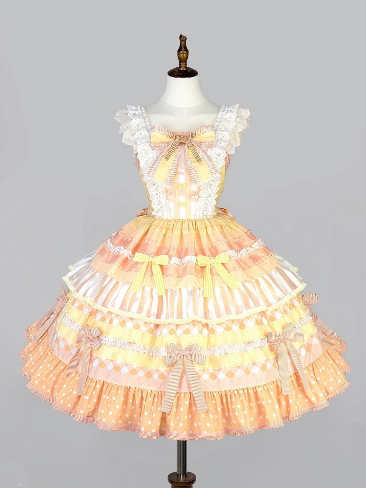 Orange Persimmon Cake Bow Accents Tiered Skirt Sweet Lolita Dress