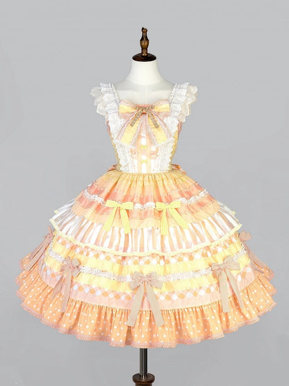 Orange Persimmon Cake Bow Accents Tiered Skirt Sweet Lolita Dress