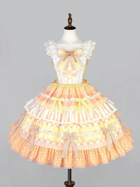 Orange Persimmon Cake Bow Accents Tiered Skirt Sweet Lolita Dress