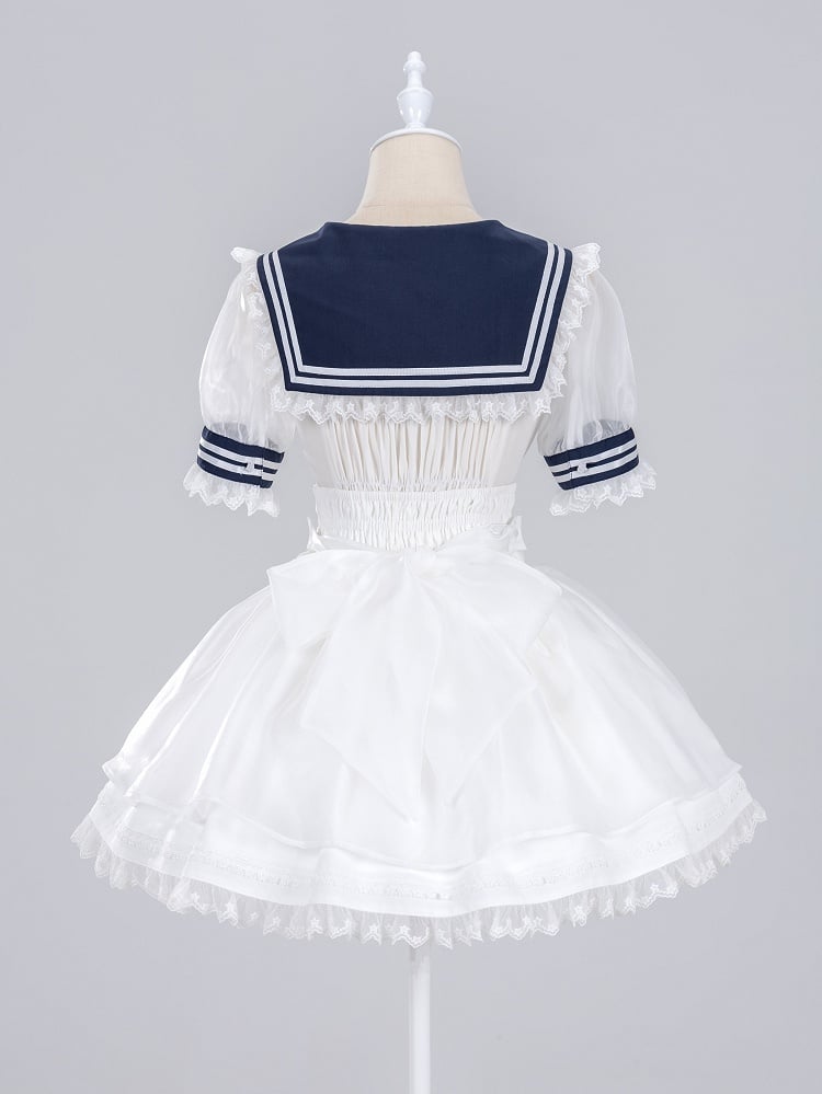 Jirai Kei Summer Sailor Collar Short Sleeves Blouse with Red Bowtie Snow White Vibes
