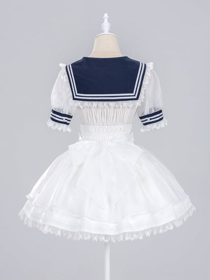 Jirai Kei Summer Sailor Collar Short Sleeves Blouse with Red Bowtie Snow White Vibes