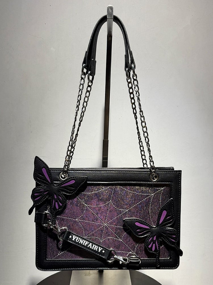Purple Ita Shoulder Bag with Gold Butterfly and Spiderweb Details – Small Capacity