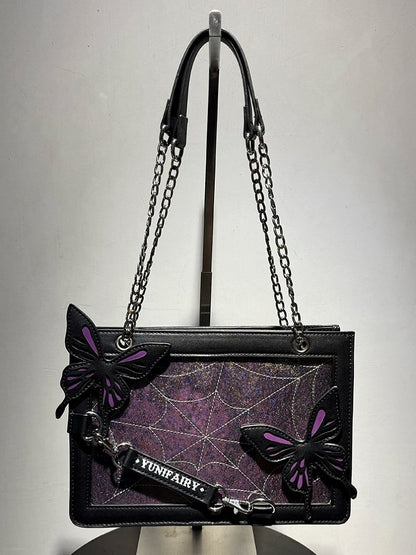 Purple Ita Shoulder Bag with Gold Butterfly and Spiderweb Details – Small Capacity