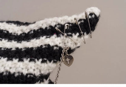 Heart Buckles Gothic Black and White Striped Knitted Hat with Chain