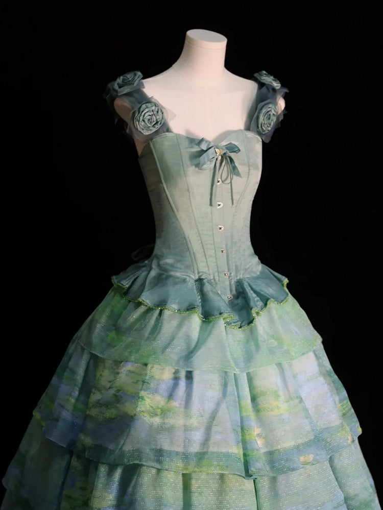 Green Flounce Hem Boned Corset Top with Detachable Floral Adornments