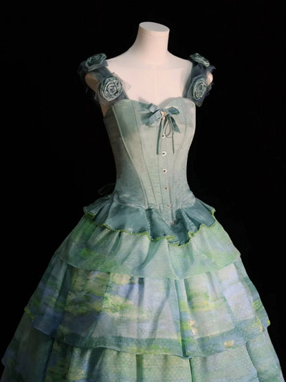 Green Flounce Hem Boned Corset Top with Detachable Floral Adornments