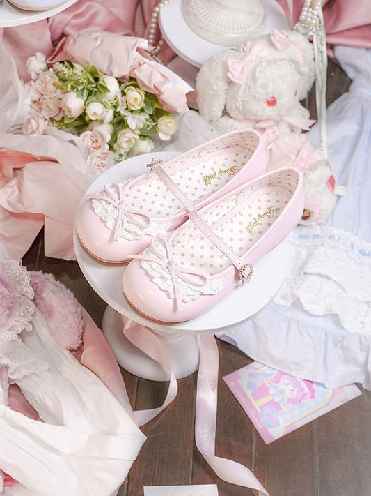 Pink Knotted Bow Accent Lace Trim 2.2CM/4.3CM Heels Round Toe Mary Janes