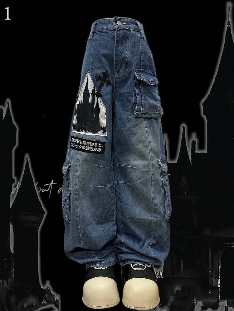 Blue Y2K Letter Applique Cargo Pockets Decorated Wide-leg Cut Jeans