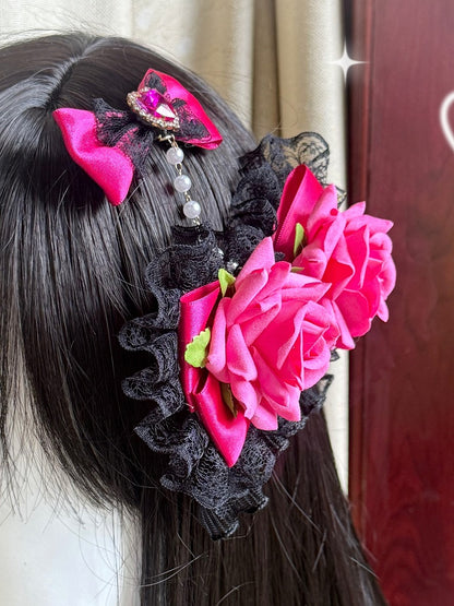 Two Pink&Black Floral Design Lace Trim Bead Chain Bowknot Hairclips