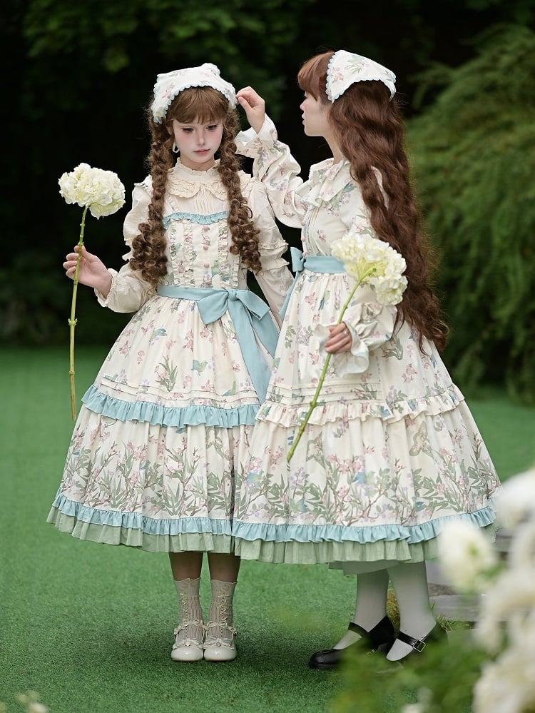 Natural Kei Floral and Bird Print Lolita Jumper Skirt with Waist Belt