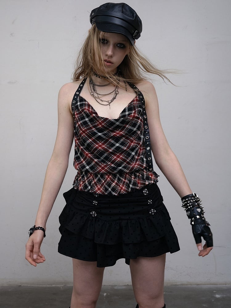 Black&Red Wasteland Punk Glamorous Cowl Neckline Ruffles Trim Plaid Pattern Halter Neck Top