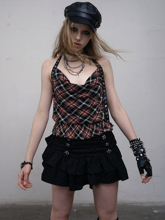 Black&Red Wasteland Punk Glamorous Cowl Neckline Ruffles Trim Plaid Pattern Halter Neck Top