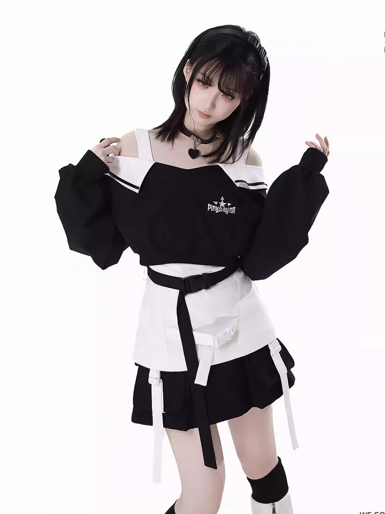 Wasteland Punk Black V-Neck Futuristic Techwear Cropped Sweatshirt