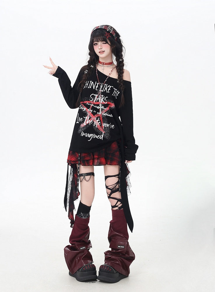 Black Asymmetrical Neckline Star Graffiti Print Loose Top
