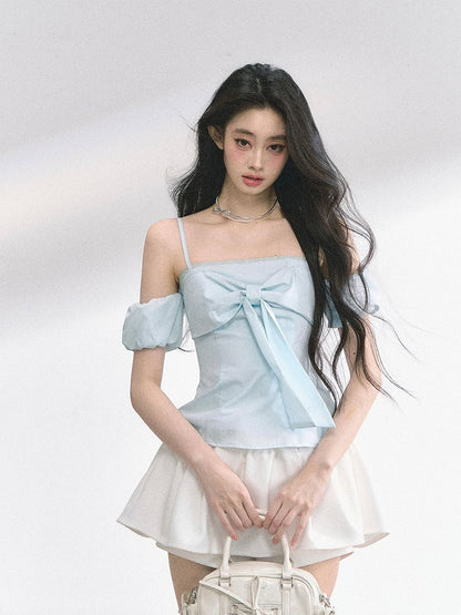 Big Bow Neckline White/Floral/Blue Off-the-shoulder Neckline Top