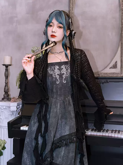 Seahorse and Coral Embroidery Asymmetrical Tassel Hem Black Cheongsam Style Cami Dress