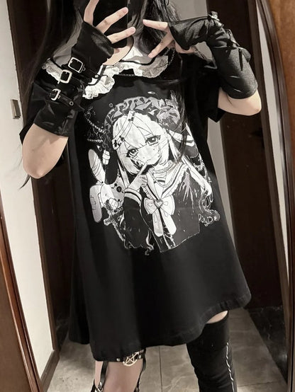 Anime Girl Print Peter Pan Collar Black Jirai Kei T-shirt