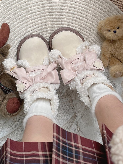 Plush Lining with Pink Bow Decor & Classic Lacing Beige Boots in Sweet Lolita