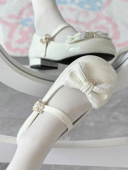 White Lace Trim and Bead Charm Decorated Bowknot Sweet Lolita Mary Janes