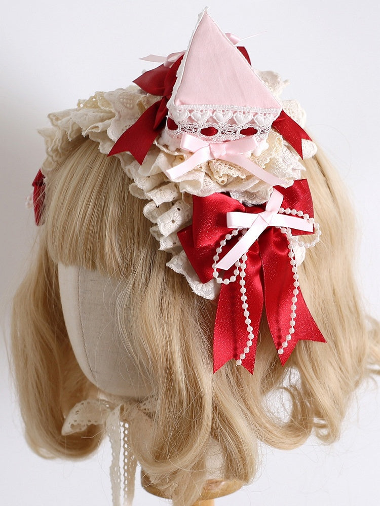 Red&Pink Sweet Lolita Beaded Decorated Bowknot Details Lace Trim Cake Mini Hat