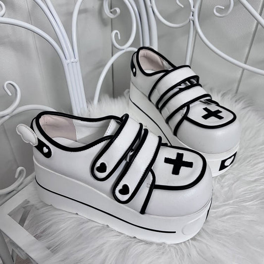 White Yami Kawaii Cross Design Platform Shoes