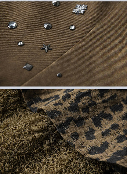 Studs Design Gothic Punk Brown Dropped Waist Asymmetrical Leopard Dress