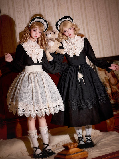Clearance-Size S for Bust 88CM Beige Ruffle Neckline Black High Waist Long Balloon Sleeves Lolita Dress Short Version