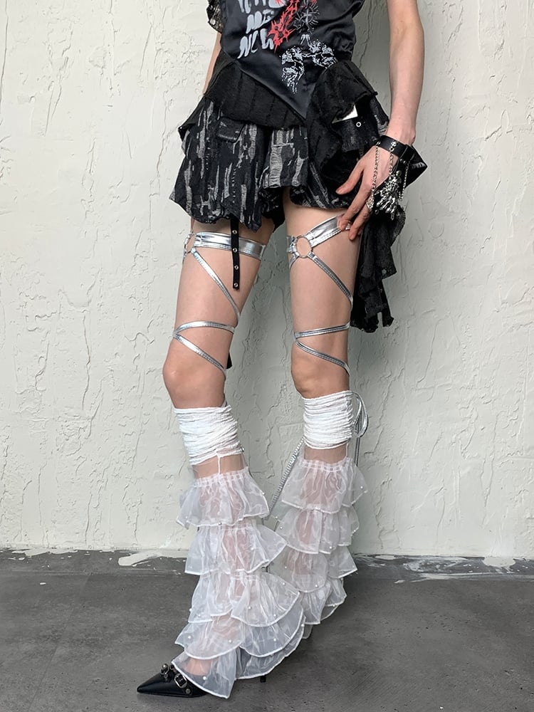 White Y2K Multiple Layers Lace Trim Leg Sleeves