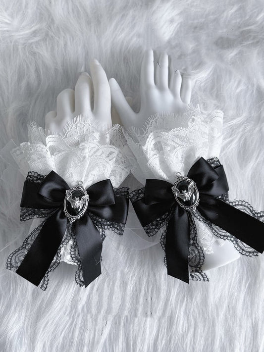 Jirai Kei Black Bowknot Bat Accent White Lace Wrist Cuffs