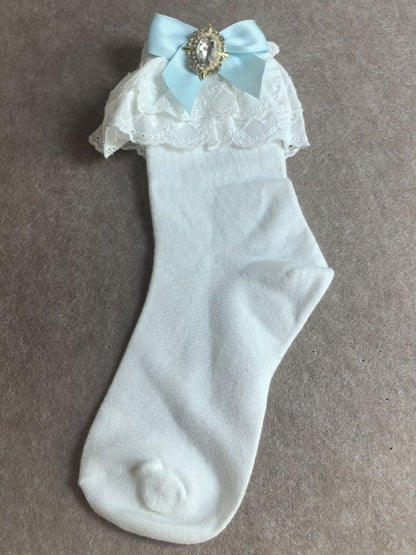 White Ruffled Cuff Jirai Kei Calf Socks With Pink/Blue/Purple/White/Black/Beige Bowknot Details
