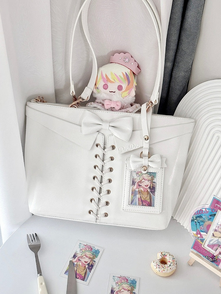 White Bow Accents Lace-up Detail Ita Shoulder Bag with Free Charm