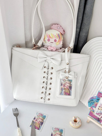 White Bow Accents Lace-up Detail Ita Shoulder Bag with Free Charm