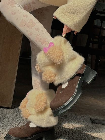 Creamy Yellow Sweet Puppy Bowknot Plush Leg Warmers