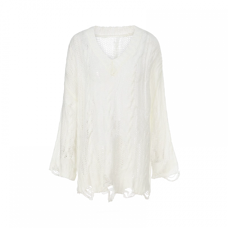 White V-neck Distressed Holes Hollow-out Coverup