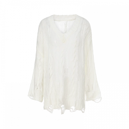 White V-neck Distressed Holes Hollow-out Coverup